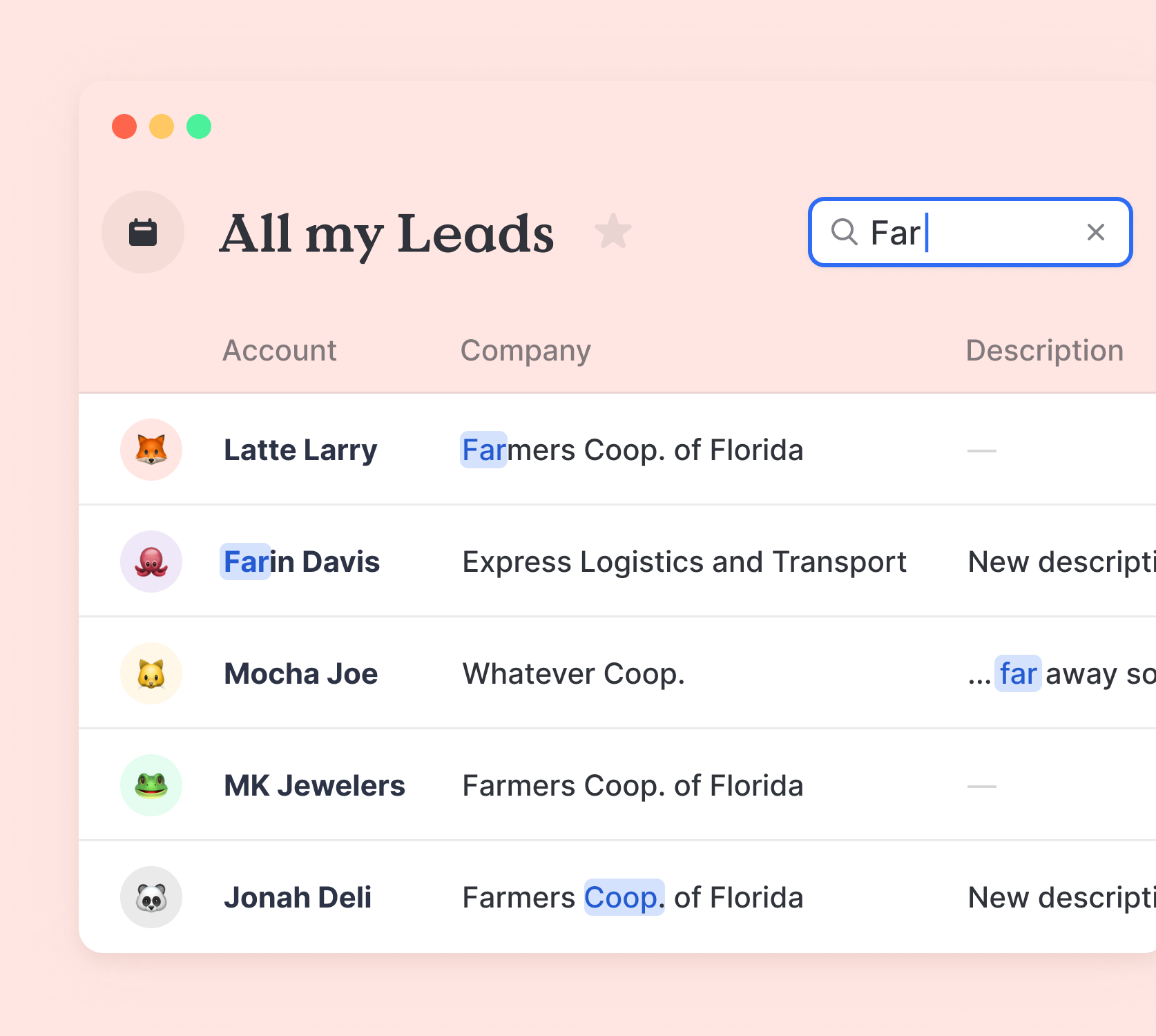 Search leads in table